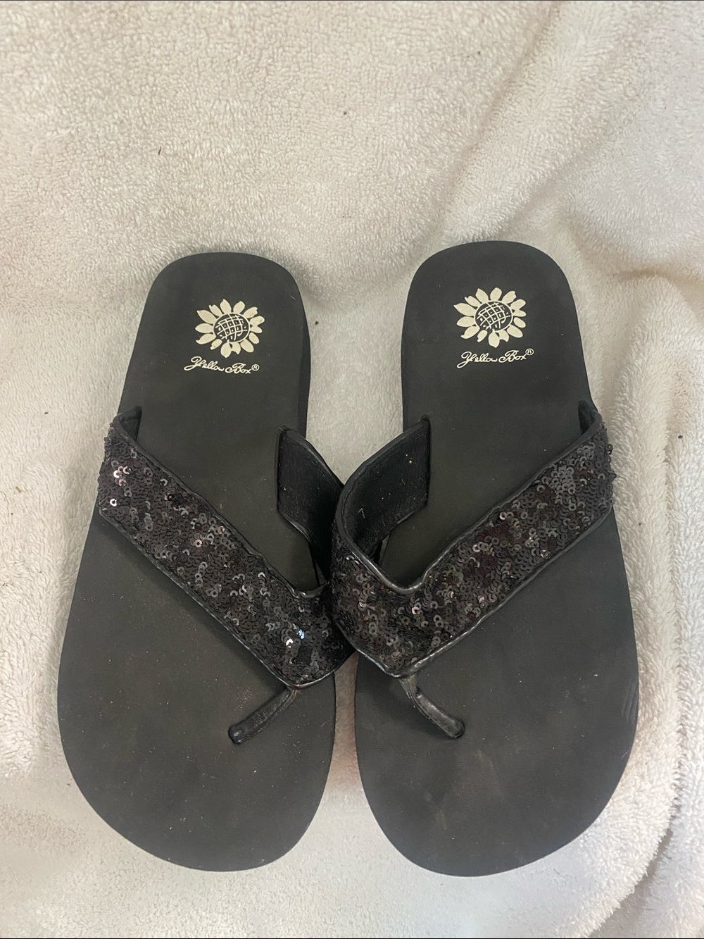 Yellow Box Black Sequin Thong Sandals